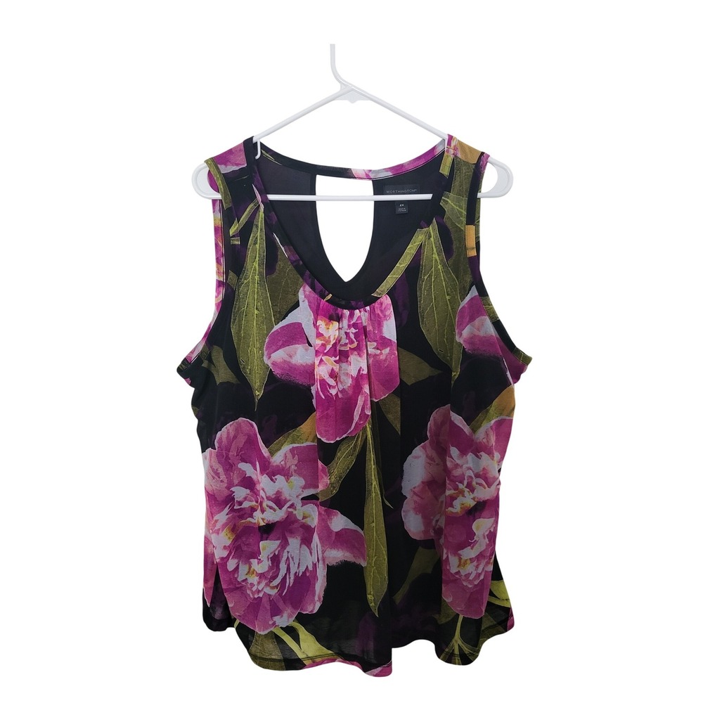 Worthington Blouse Women 2X Black Pink Floral V-Neck Sleeveless Keyhole Back Top